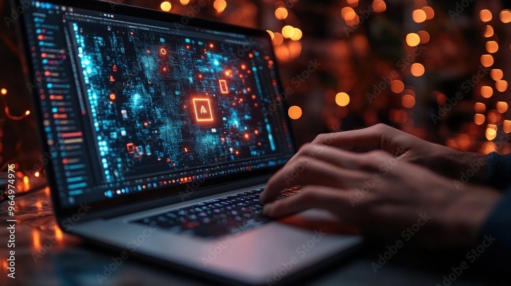 Close-up of hands typing on a laptop with a glowing screen showing a futuristic digital interface. Close-up of hands typing on a laptop with a glowing screen showing a futuristic digital interface.