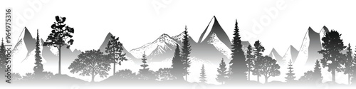 Silhouette mountain range and forest isolated on white background, seamless border, vector design	