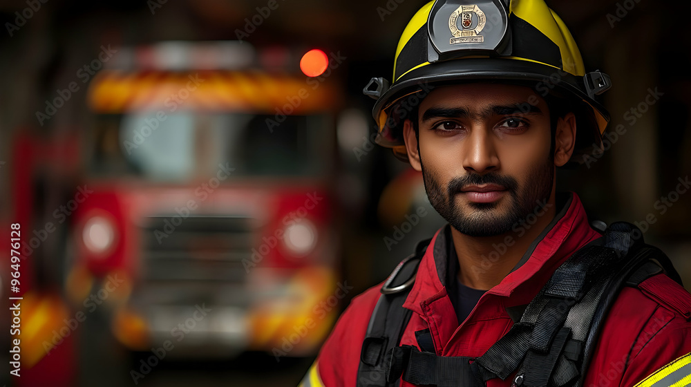 A firefighter in uniform stands confidently with a fire truck in the background. A firefighter in uniform stands confidently with a fire truck in the background.