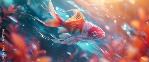 Enter a mesmerizing realm where a fish gracefully floats in midair, surrounded by vivid, glowing colors. 🐟✨ Dreamy vision brought to life with dynamic color interactions. photo