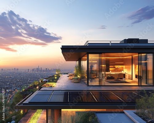 Modern residential rooftop with solar panels, overlooking a vibrant cityscape with a clear sunset sky and solarpowered lighting photo