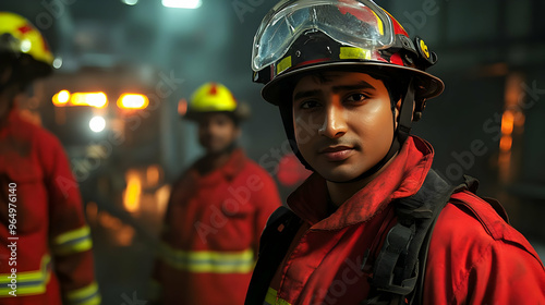 A firefighter in uniform st...