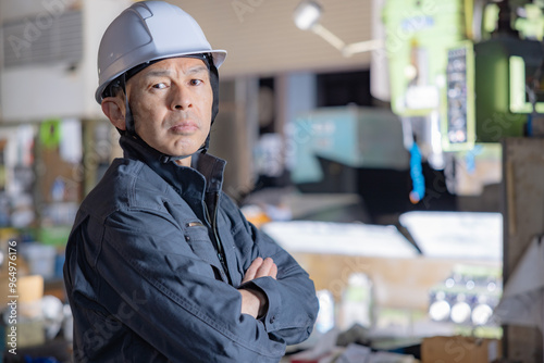 Supervisor of a manufacturing site wearing a white helmet with a machine tool in the background.
