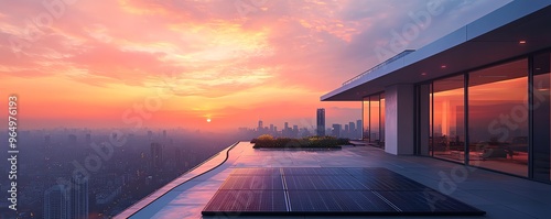 Modern residential rooftop with solar panels, overlooking a vibrant cityscape with a clear sunset sky and solarpowered lighting photo