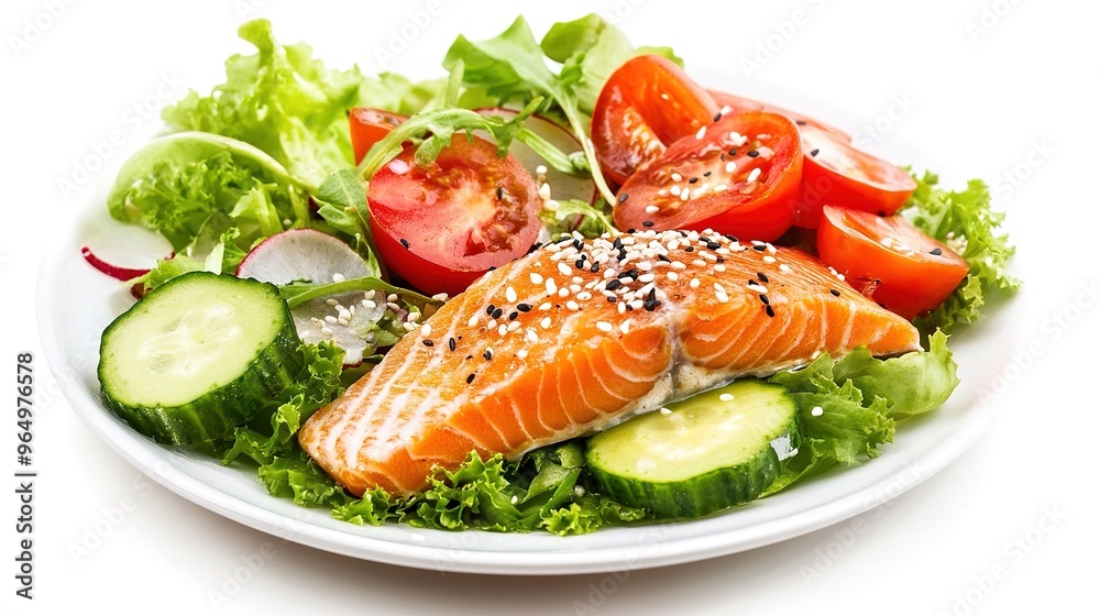 A plate featuring salmon fish, fresh salad, and sesame seeds against a white background. This image highlights a well-presented, healthy meal with vibrant colors and textures, A plate featuring salmon fish, fresh salad, and sesame seeds against a white background. This image highlights a well-presented, healthy meal with vibrant colors and textures,