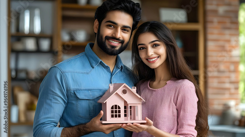 A happy couple holding a mo...