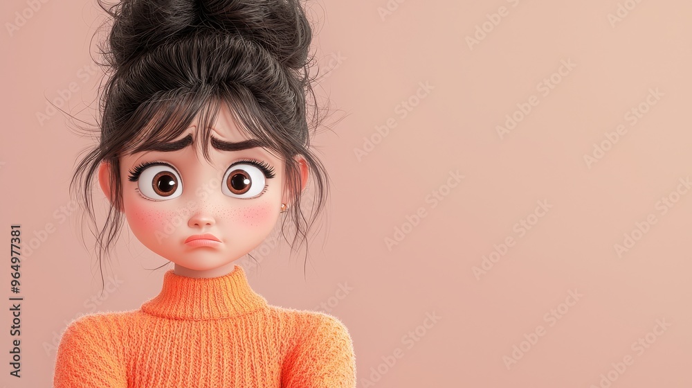 Sad Cartoon Girl with Big Eyes and Bun Hairstyle Sad Cartoon Girl with Big Eyes and Bun Hairstyle