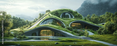 Futuristic zero waste energy facility with advanced recycling systems, integrated renewable energy sources, and a clean, modern design