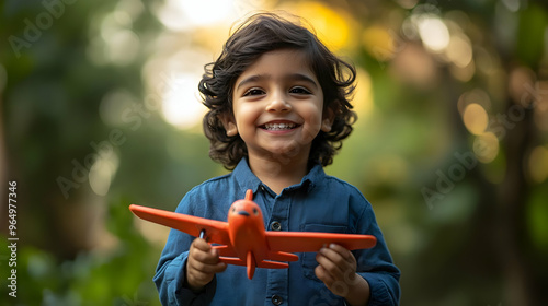 A joyful child holding a to...