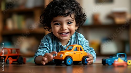 A joyful child playing with toy cars on a wooden floor, smiling and engaged in play.