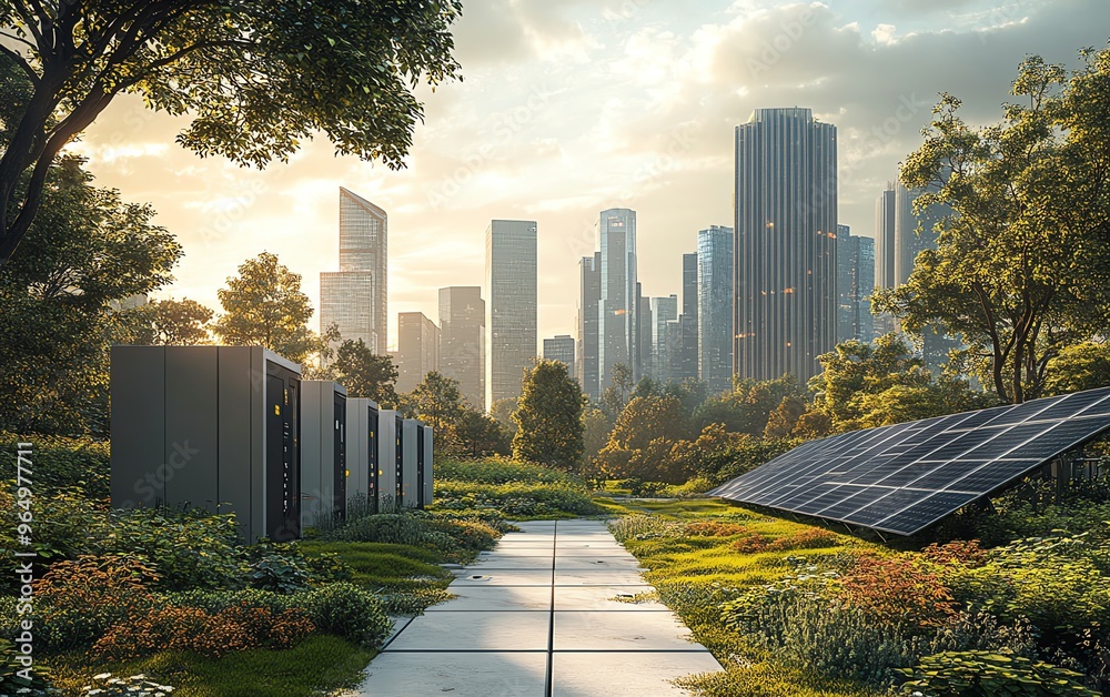 Innovative energy storage solutions in an urban setting, featuring sleek battery systems and integration with smart grid technology