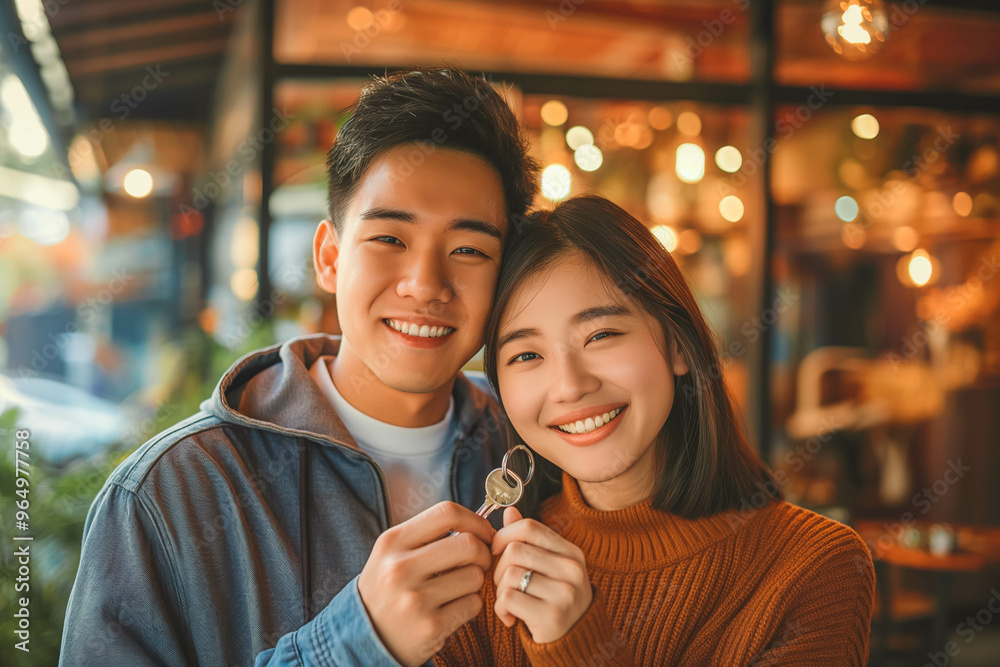 A young couple holds happily a key to their new home which they were. Happy housewarming concept. A young couple holds happily a key to their new home which they were. Happy housewarming concept.