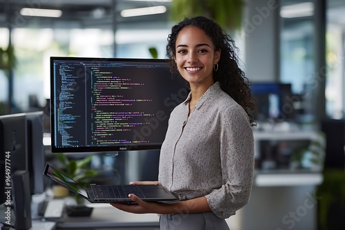 Portrait of young female programmer with digital tablet looking at camera while standing at her workplace with computer.