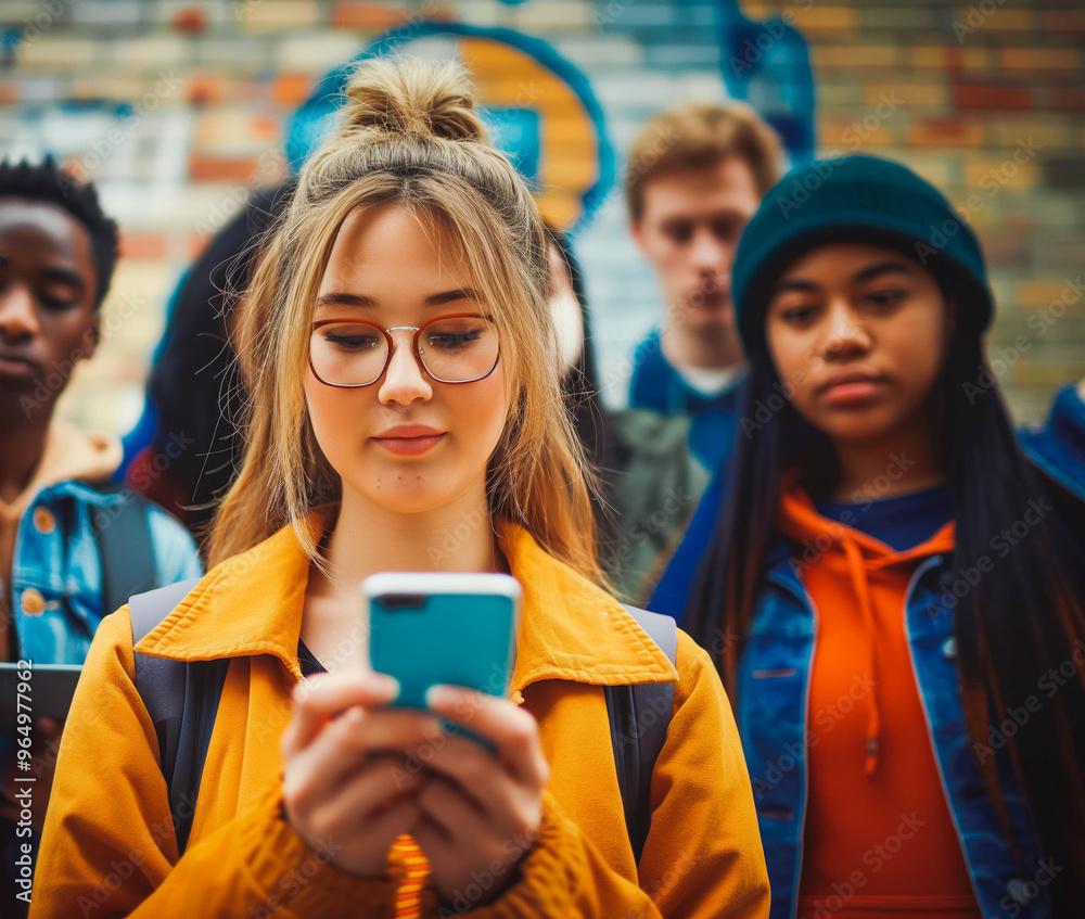 Fototapeta premium Young woman using a smart phone with her diverse and mixed group of friends behind her