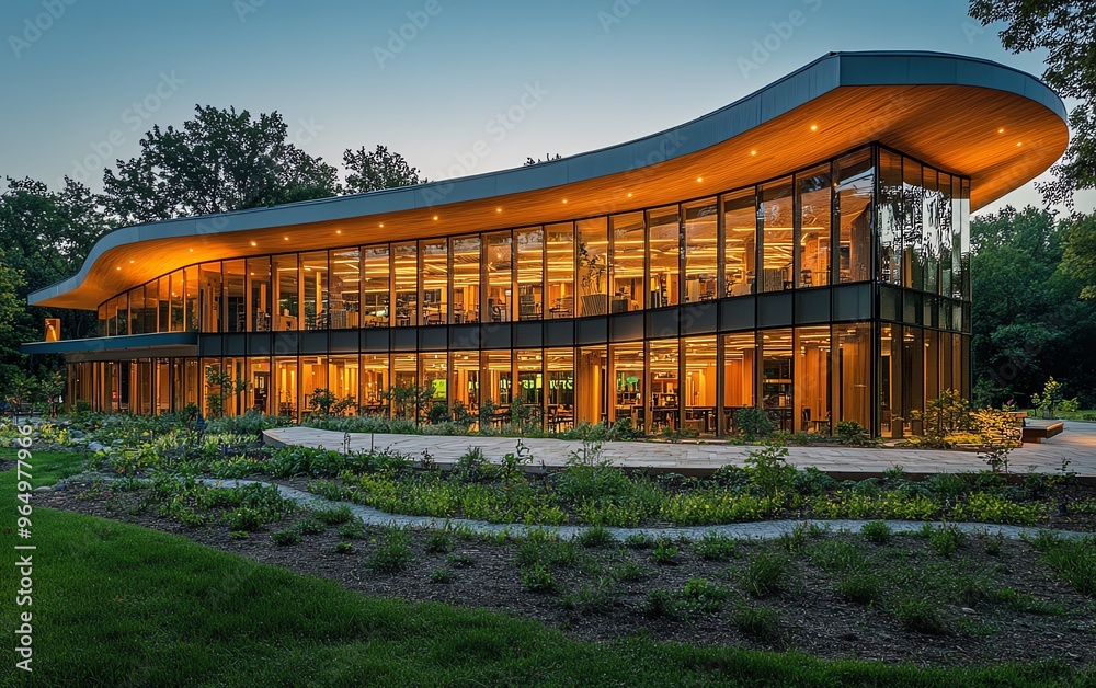 Innovative zero waste energy community center with sustainable design, including energyefficient lighting, waste recycling, and green spaces Innovative zero waste energy community center with sustainable design, including energyefficient lighting, waste recycling, and green spaces