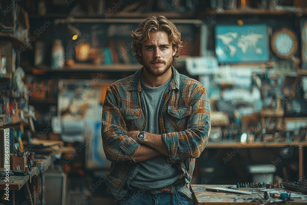 A young adult exploring a new hobby, such as painting or woodworking, without guidance. Concept of creative independence and self-expression. A young adult exploring a new hobby, such as painting or woodworking, without guidance. Concept of creative independence and self-expression.