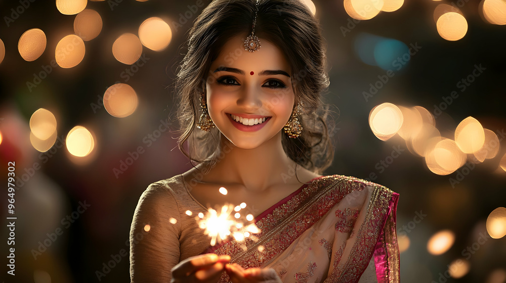 A joyful woman in traditional attire holding a sparkler, celebrating a festive occasion. A joyful woman in traditional attire holding a sparkler, celebrating a festive occasion.