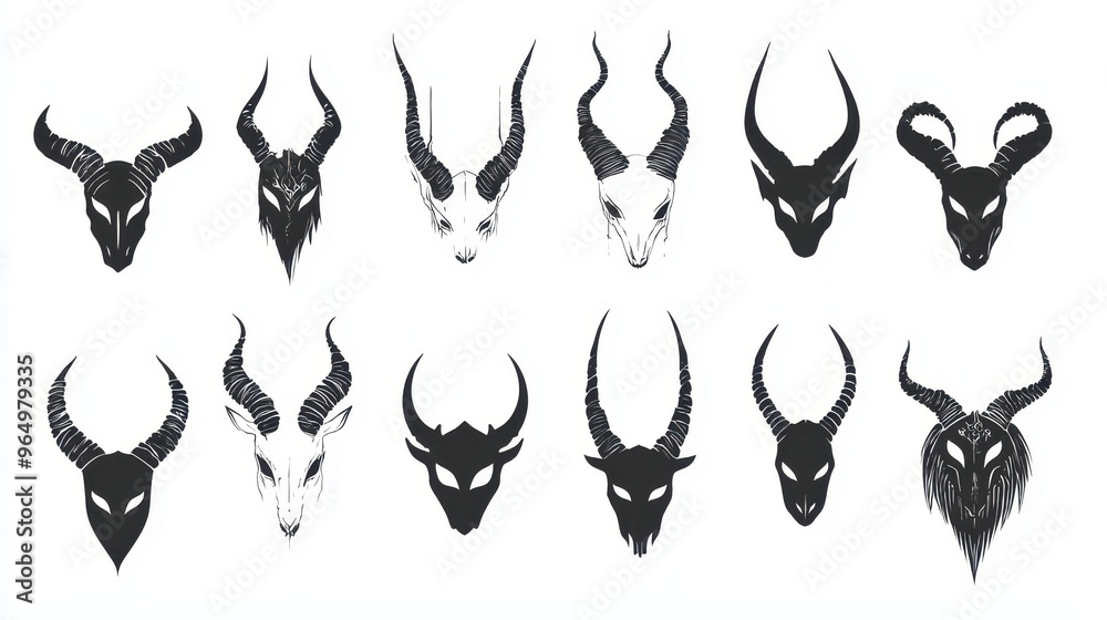Silhouettes of Animal Skulls with Horns Set of Black and White Illustrations Silhouettes of Animal Skulls with Horns Set of Black and White Illustrations