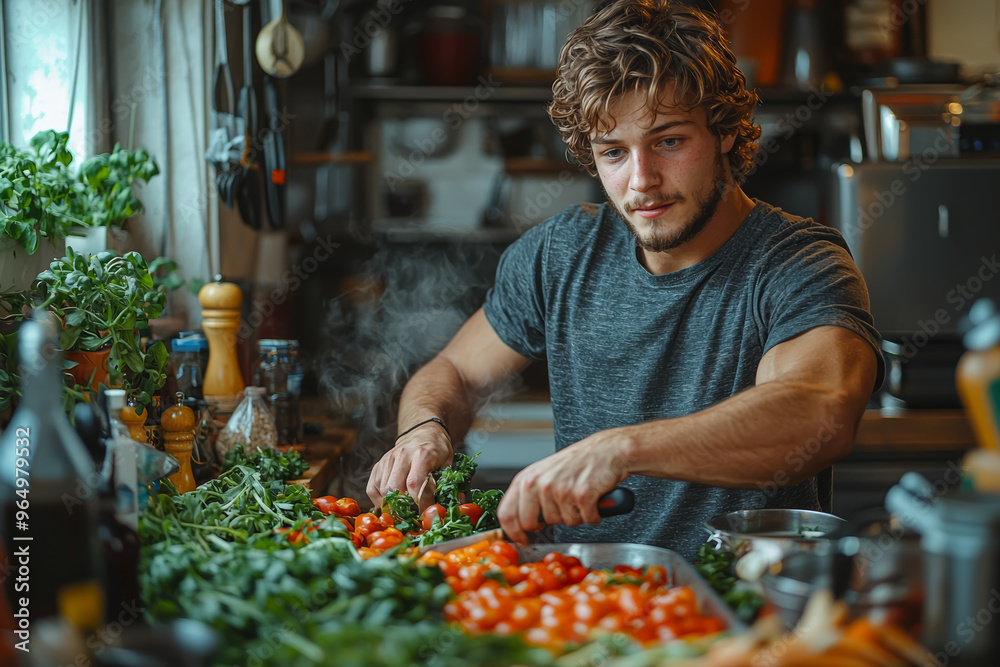 A student preparing a healthy meal in a small kitchen, chopping vegetables. Concept of learning to cook and take care of oneself. A student preparing a healthy meal in a small kitchen, chopping vegetables. Concept of learning to cook and take care of oneself.