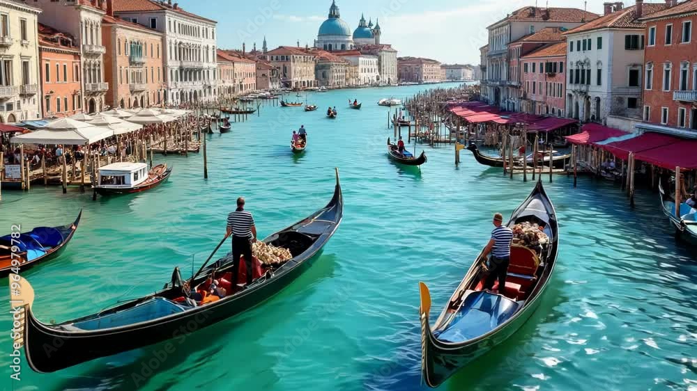 Picturesque Venetian canal lined with colorful historic buildings. Gondolas glide across turquoise waters. Ornate architecture reflects in calm surface. Sunny day illuminates vibrant facades. 