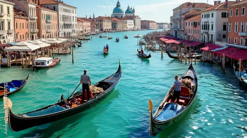 Picturesque Venetian canal lined with colorful historic buildings. Gondolas glide across turquoise waters. Ornate architecture reflects in calm surface. Sunny day illuminates vibrant facades. 