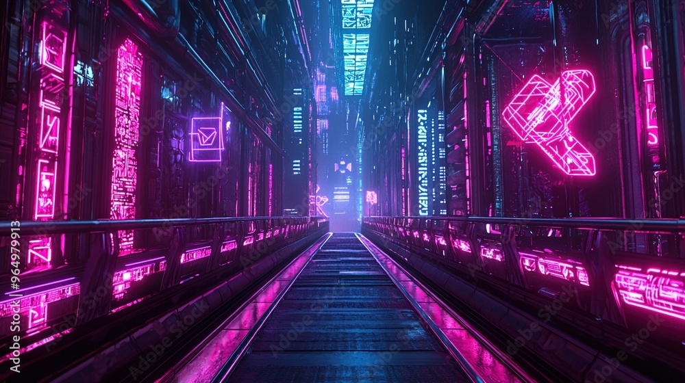 The image depicts a futuristic, cyberpunk-style urban scene. The environment consists of a narrow alleyway-like structure surrounded by tall buildings adorned with vibrant neon signs and holographic a The image depicts a futuristic, cyberpunk-style urban scene. The environment consists of a narrow alleyway-like structure surrounded by tall buildings adorned with vibrant neon signs and holographic a