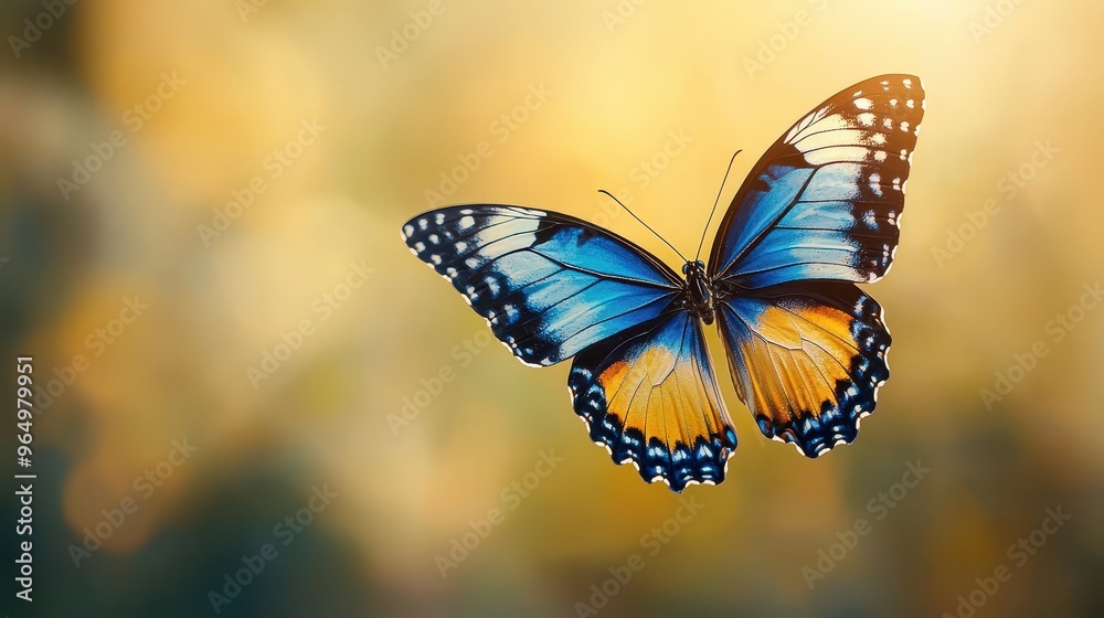Beautiful Blue Butterfly Flying in Nature With Golden Blurred Background Beautiful Blue Butterfly Flying in Nature With Golden Blurred Background