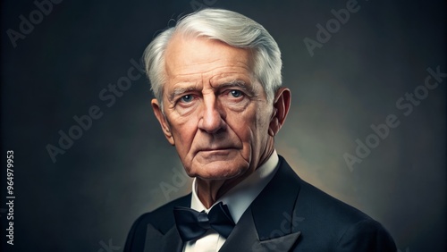 A majestic older man sporting a sharp black suit and crisp tie exudes sophistication and authority.