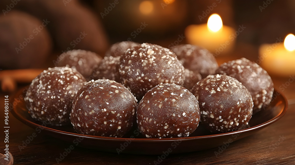 A plate of chocolate truffles sprinkled with sugar, set against a warm, inviting background. A plate of chocolate truffles sprinkled with sugar, set against a warm, inviting background.