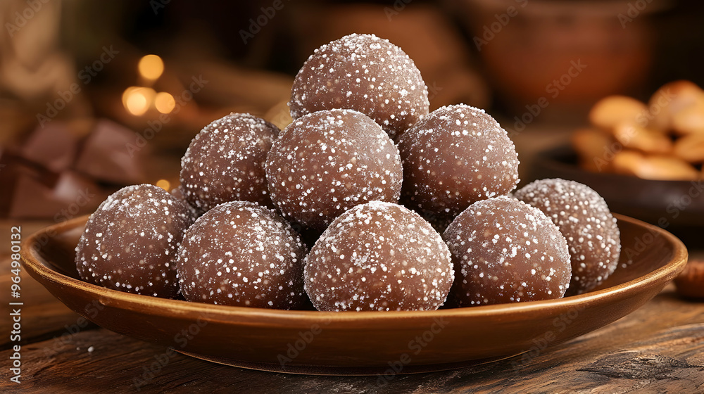 A plate of chocolate truffles coated with sugar, arranged for a delightful treat.