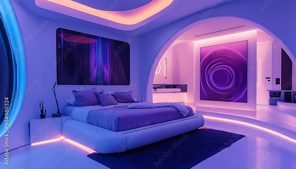 Futuristic Bedroom with Sleek Furniture, Ambient Lighting, and Abstract Art Pieces Futuristic Bedroom with Sleek Furniture, Ambient Lighting, and Abstract Art Pieces
