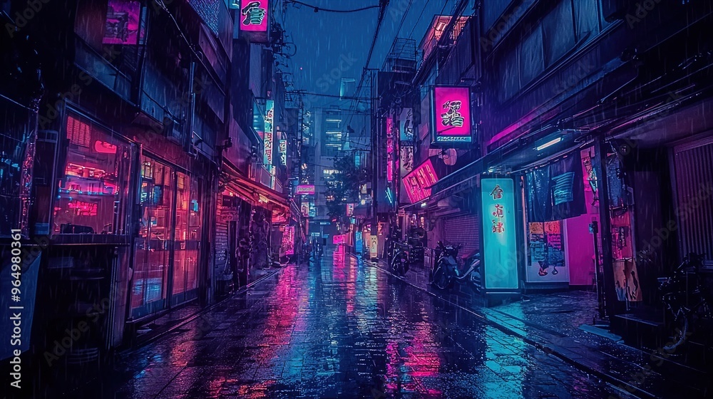 In this image, a narrow urban alley at night is captured in a heavy rain. Neon signs in vibrant shades of pink, blue, and purple illuminate the scene with a cyberpunk aesthetic. The wet pavement refle In this image, a narrow urban alley at night is captured in a heavy rain. Neon signs in vibrant shades of pink, blue, and purple illuminate the scene with a cyberpunk aesthetic. The wet pavement refle