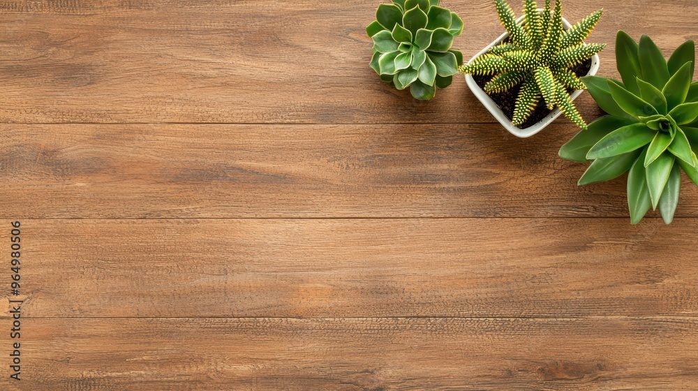 Wooden Background with Succulents Top View