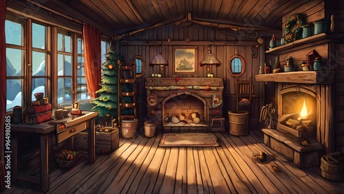 vintage, hand-drawn illustration of Santa's workshop, with intricate details and warm, nostalgic colors