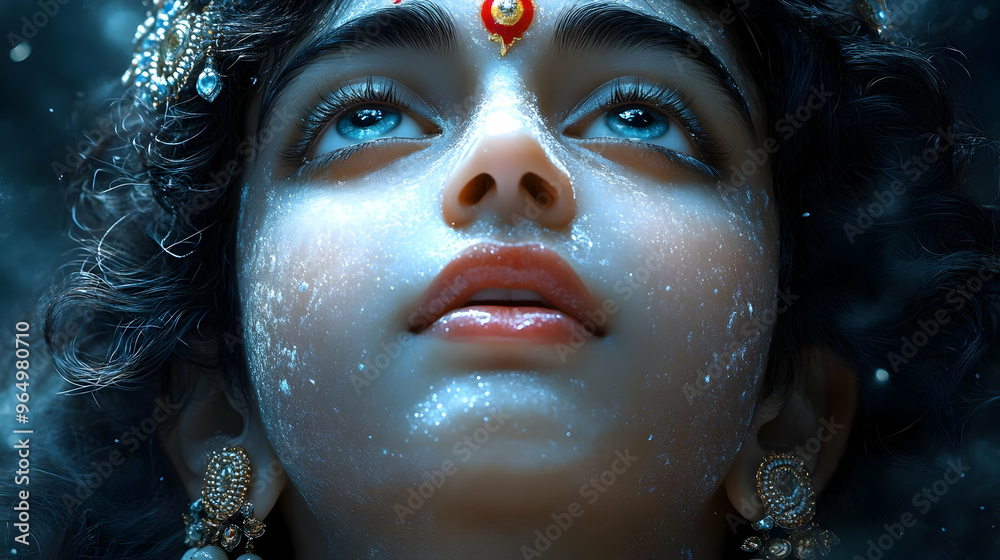 A serene portrait of a young girl gazing upwards, adorned with traditional jewelry and a mystical aura. A serene portrait of a young girl gazing upwards, adorned with traditional jewelry and a mystical aura.