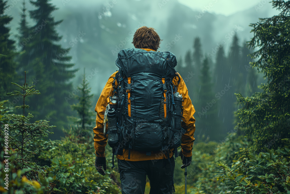 A man hiking through a dense forest, carrying all necessary gear on his back. Concept of adventure and being self-reliant in nature.