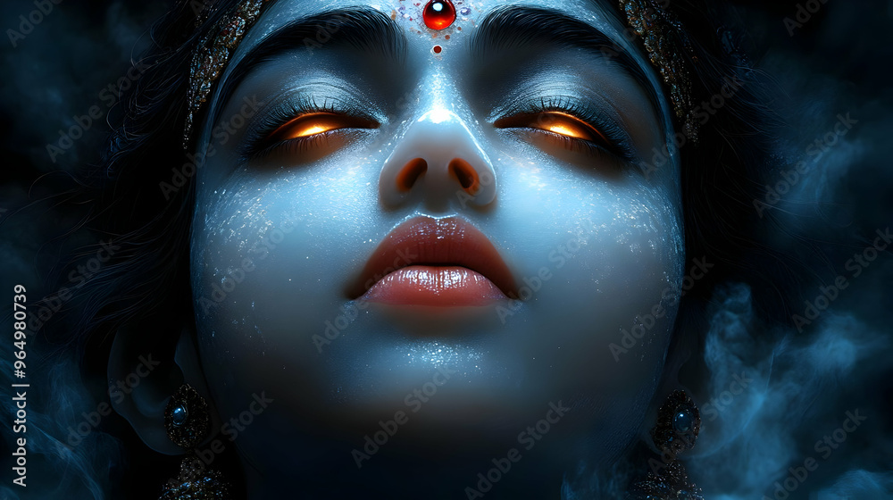 A serene, mystical portrait of a woman with glowing eyes and intricate adornments. A serene, mystical portrait of a woman with glowing eyes and intricate adornments.