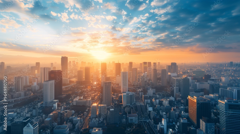 Stunning Urban Sunrise over Modern Cityscape with Skyscrapers and Beautiful Clouds Stunning Urban Sunrise over Modern Cityscape with Skyscrapers and Beautiful Clouds