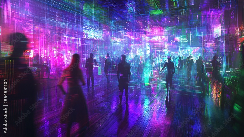 Neon-lit cyberpunk scene with silhouettes of people walking through a vibrant, futuristic urban environment. The area is defined by vivid, multi-colored light effects, holographic displays, and an arr Neon-lit cyberpunk scene with silhouettes of people walking through a vibrant, futuristic urban environment. The area is defined by vivid, multi-colored light effects, holographic displays, and an arr