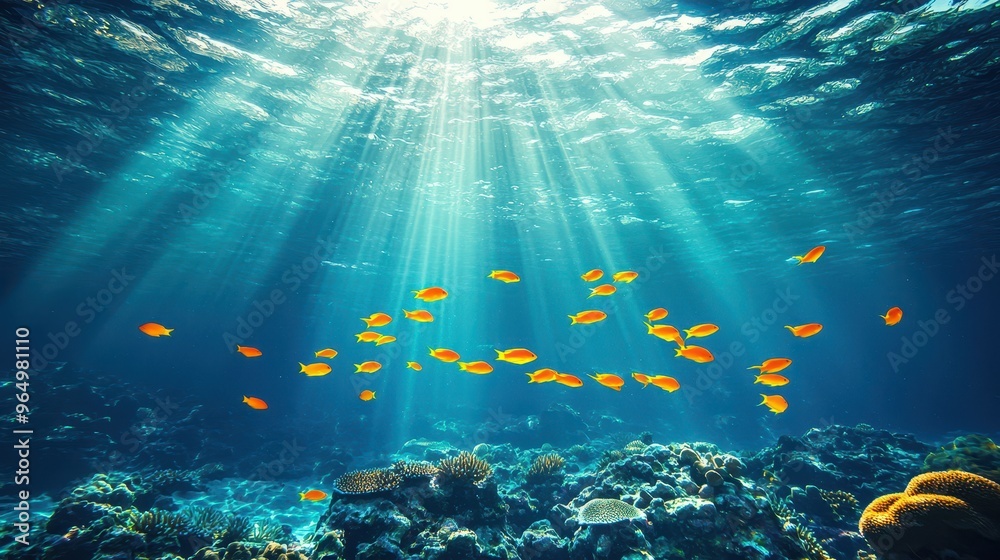 Underwater Coral Reef with Sunlight and Fish Underwater Coral Reef with Sunlight and Fish