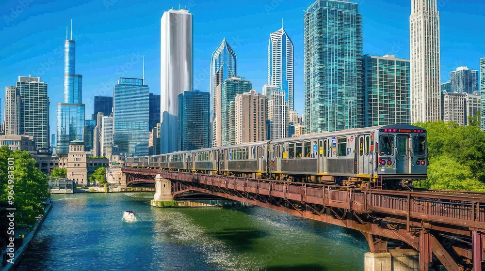 Fototapeta premium Train Crossing Chicago River Bridge with Skyline View