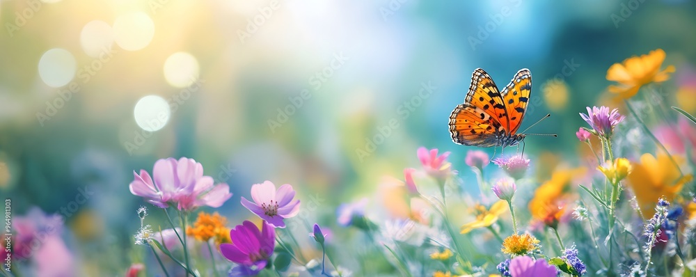 Butterfly on a Field of Vibrant Flowers in Sunlit Meadow Butterfly on a Field of Vibrant Flowers in Sunlit Meadow