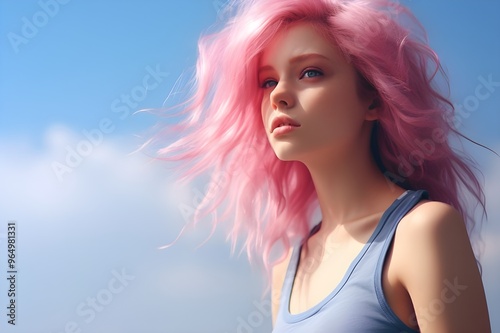 young woman with vibrant hair against a bold background, showcasing trendy hair 