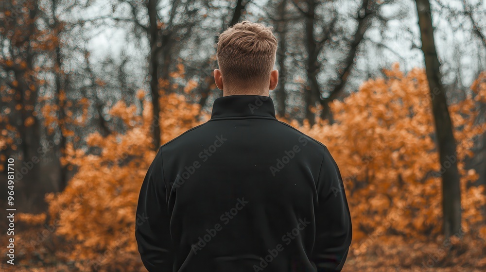 Man in Black Jacket Looking at Autumn Forest Man in Black Jacket Looking at Autumn Forest