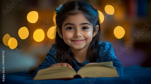 A smiling girl reading a bo...