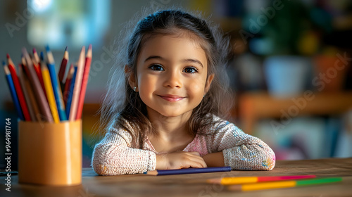 A smiling girl with colored pencils, enjoying creativity and art at a table. photo