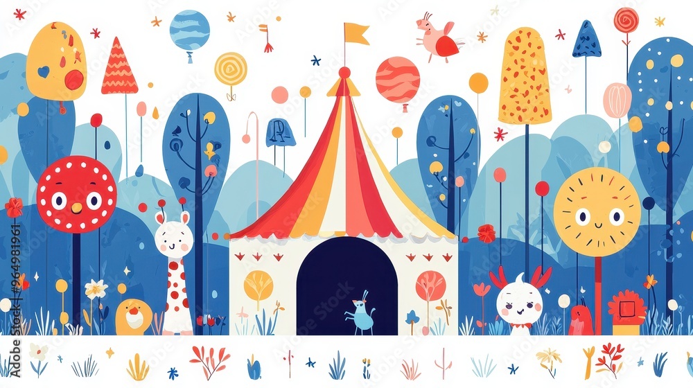 Cartoon Circus Tent Landscape with Cute Animal Characters Cartoon Circus Tent Landscape with Cute Animal Characters