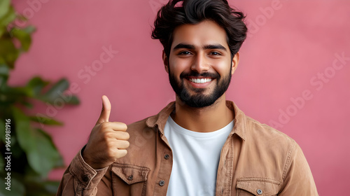 A smiling man giving a thum...