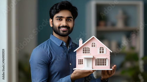 A smiling man holds a minia...