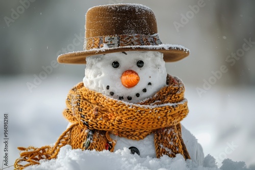 Delightful snowman with carrot nose and coal eyes in classic pose on white background. Winter playfulness concept photo